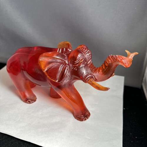 Chinese Red Cherry Color Acrylic Carved Elephant Statue Figurine - Picture 18 of 19