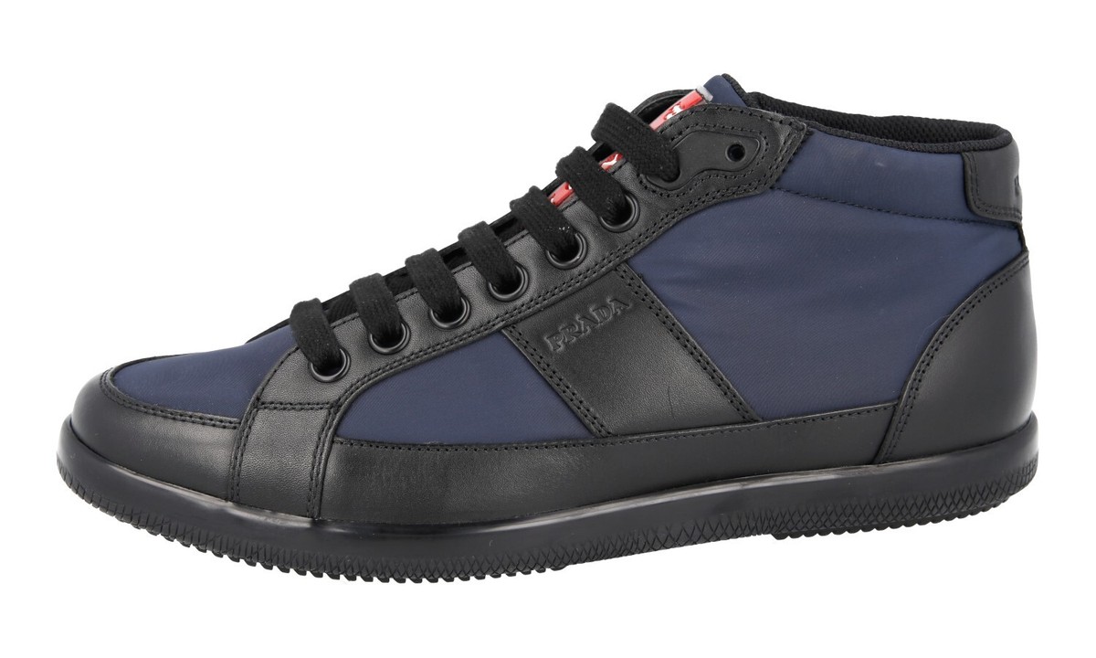 【関税&送料込】Prada Navy Blue Leather Sneakers PRADA HIGH-TOP SNEAKERS SHOES 4T2878 NAVY BLUE BLACK LEATHER