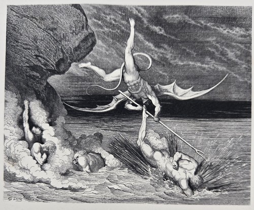 19th century wood engraving: GUSTAVE DORE-ALICHINO ATTACKER CIAMPOLO-Dante Alighieri - Picture 2 of 2