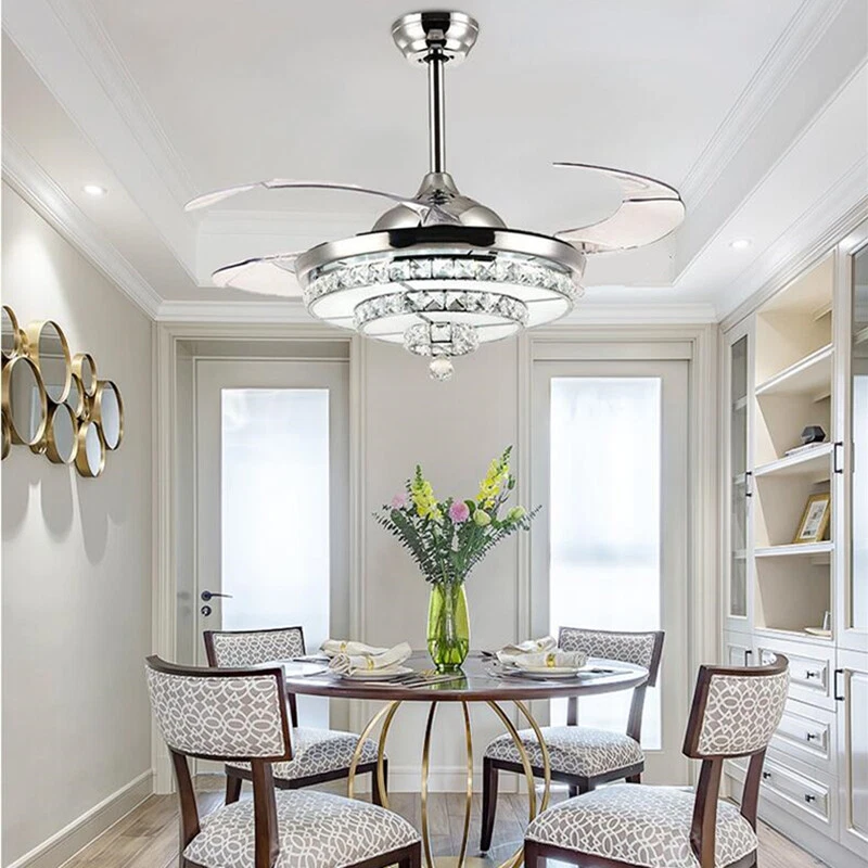 42" Crystal Invisible Ceiling Fan Light Remote Control Home Chandelier Lamp - Image 4 of 4