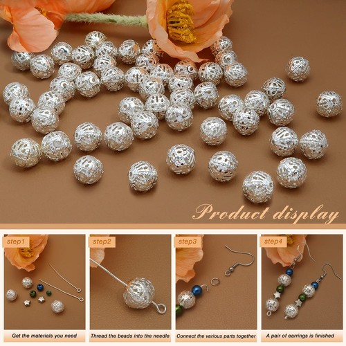 TOAOB 100pcs 10mm Silver Plated Filigree Hollow Ball Beads Round Metal Loose ... - Picture 7 of 7