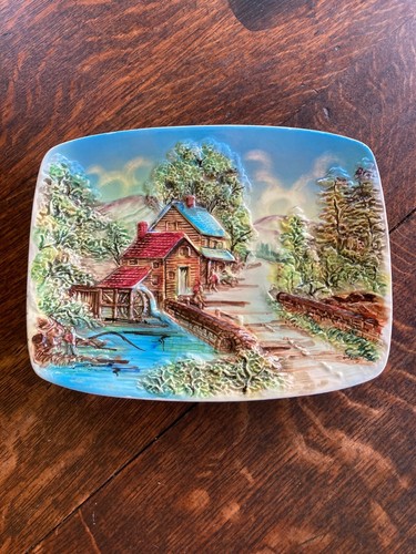 Vintage Ceramic Mill & Bridge Scene Relief Decorative Plate - 10" x 7.5" - Picture 4 of 8