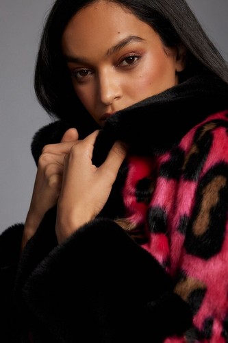 NEW ANTHROPOLOGIE MAEVE COLORBLOCK LEOPARD FAUX FUR JACKET MIDI COAT HOT PINK XL - Picture 4 of 7