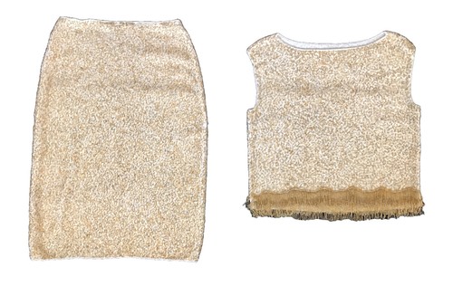 HENRI BENDEL VTG BEADED FRINGE WOOL SKIRT SET HAND SEWN IVORY GOLD Sz M DIVINE! - Picture 2 of 16