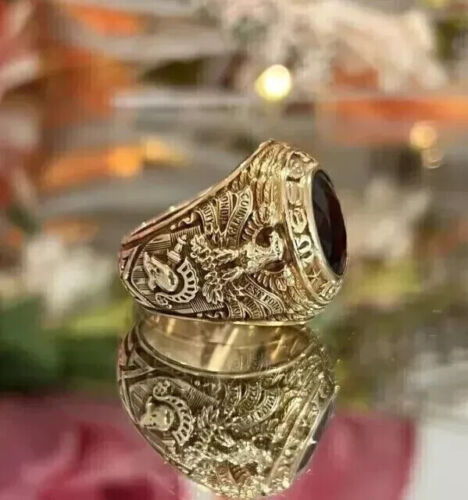 2.2Ct Oval Cut Lab Created Red Garnet Men's Cocktail Ring 14K Yellow Gold Plated - Picture 4 of 5
