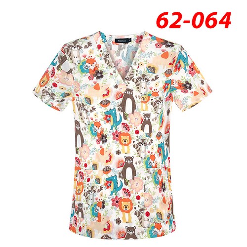 Unisex Scrub Tops Women Men Short Sleeve Printed Cotton Shirt Medical Nurse - Picture 29 of 37