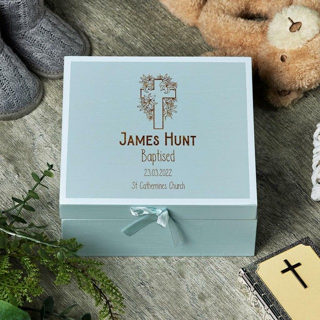 Personalised Baptism Blue Keepsake Box With Cross Design CG1309-49-B Personalised Baptism Blue Keepsake Box With Cross Design CG1309-49-B