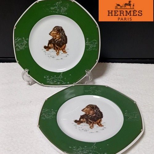 Juego de 2 vajilla verde porcelana perro Dachshund placa imagen Hermes 21 cm - Imagen 1 de 10