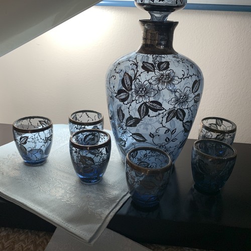SILVER OVERLAY DECANTER AND shot glasses ..Vintage Elegance Blue - Picture 13 of 16