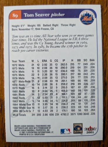 TOM SEAVER, 2001 FLEER GREATS OF THE GAME #89, METS - Picture 2 of 2