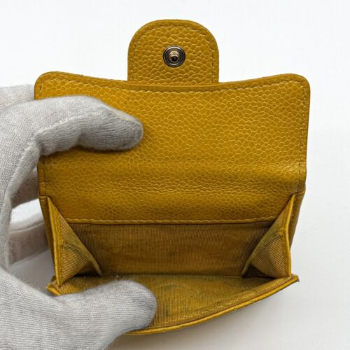 CHANEL Matelasse Tri-Fold Wallet Caviar Leather Box Compact Yellow Authentic【A】 - Picture 8 of 18