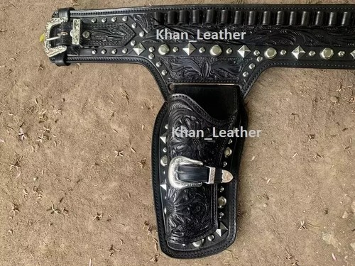 Double Caliber 44/45 Leather Western Cowboy Revolver Cover Holster Black - Picture 4 of 5