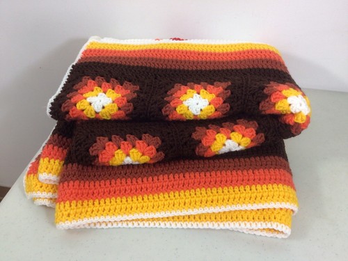 Handmade Granny Square Throw Blanket Afghan Crochet Mid Century Leaves
