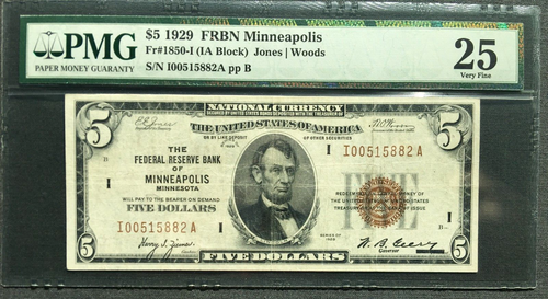 1929 $5 FRBN  [] MINNEAPOLIS []   Fr  1850-I  []  PMG 25 ✔ I 00515882 A - Picture 1 of 3