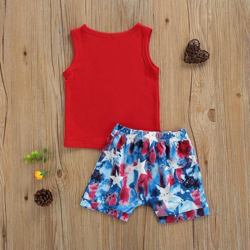 4th of July Toddler Baby Boy Outfit Sleeveless Shirt Elastic Shorts Outfits - Picture 3 of 11