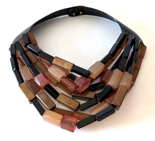 Collar Hoss Intropia Cuero Negro Ámbar Resina España Boutique $369 Cierre Oro - Imagen 2 de 9