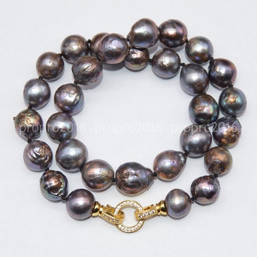 Huge 12-14mm Real Natural South Sea Black Baroque Edison Pearl Necklace 14-36'' - Picture 2 of 17