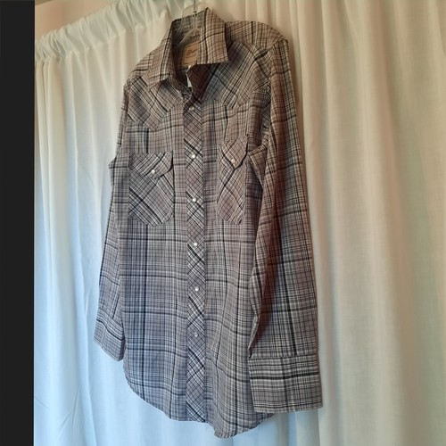 Wrangler Western Pearl Snap Shirt Mens Size Small Gray Black Plaid Long Sleeve - Picture 8 of 12