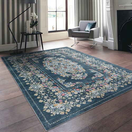 Extra Large Area Rug Teal Turquoise Blue Soft Floral Washable Carpet Runner Mat - Picture 6 of 18