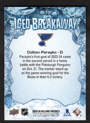 2023-24 Colton Parayko Upper Deck Allure Hockey Ice Breakers Blues IB-13 - Picture 2 of 2