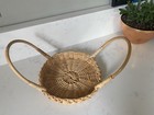Vintage Woven Wicker Rattan Straw Boho Round Small Basket Tray Folding Handles