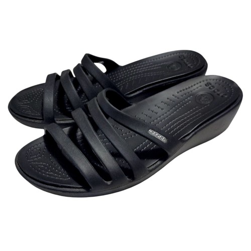 Crocs Rhonda Black Strappy Wedge Pump Short Heels Women's Size 10 - Picture 3 of 7