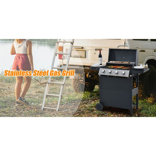 4 Burner Black Propane Grill Stainless Steel 34,000 BTU Patio w/2 Shelves, Lid - Picture 12 of 12
