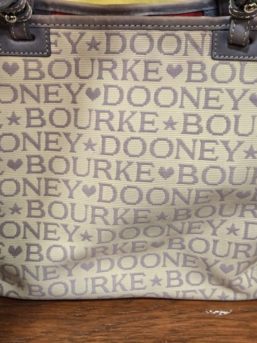 Dooney and Bourke Cream With Gray Monogram Lettering Handbag Red Interior Lg 15" - Picture 3 of 16