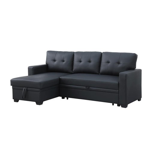 Devion Furniture Faux Leather Reversible Sleeper Sectional Sofa-Black - Picture 2 of 16