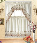 3-Piece Beige Floral Embroidery Kitchen Curtain Set with Valance - 60" x 38