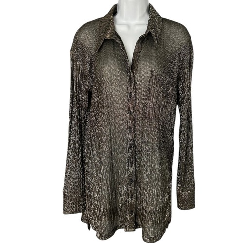 Anthropologie Pilcro Metallic Sheer Blouse Women's M Silver Button Front NEW - Picture 2 of 7