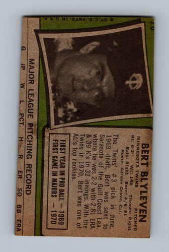 Tarjeta de béisbol 1971 Topps #26 Bert Blyleven RC baja calidad (recortada) vintage de la corte - Imagen 2 de 2