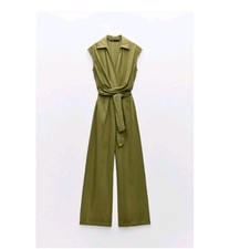 Zara Full Cut Knotted Jumpsuit Wide Leg Green Sleeveless