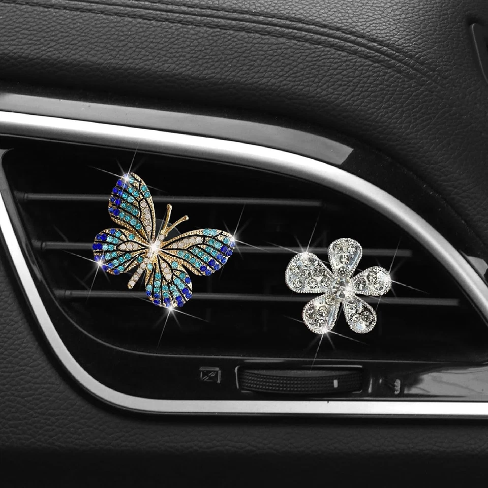 2Pcs Blue Bling Butterfly Silver Daisy Flower Car Air Vent Clips,Rhinestone Car - Image 3 of 4