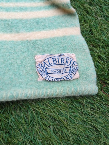 Vintage Wool Blanket Cream And Green Stripes Made In Scotland By Balbirnie - Picture 3 of 6