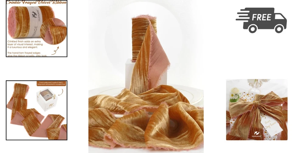 Velvet Ribbon Frayed Edged 3 Inch Cinnamon Crinkled Silk Wreath Deco - Image 2 of 4