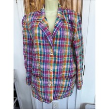Vintage 90s Lizsport Bright Multicolored Madras Cloth Cotton Long Blazer Jacket