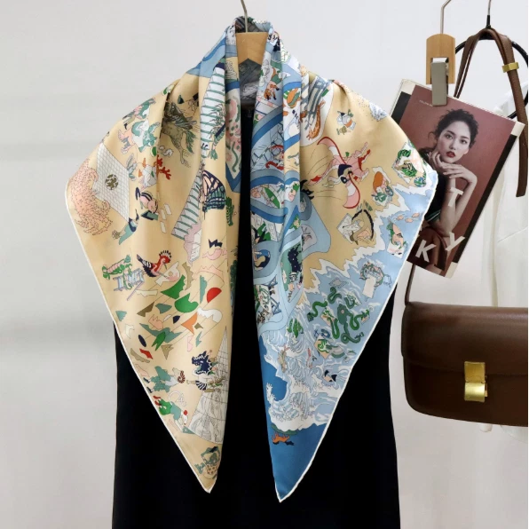 14Momme Twill Silk Square cloud Print Bandanna Scarf Shawl 35'' Neckerchief Wrap