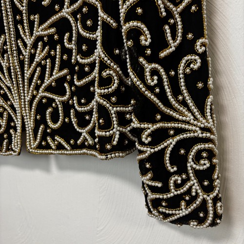 Vintage Scala Beaded Jacket Fancy Silk Black Pearls Long Sleeve 90s Shoulder Pad - Picture 3 of 6