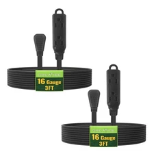Extension Cord 2 Pack 3 FT 3 Outlet Flat Plug Indoor Power Strip 16/3 Wire