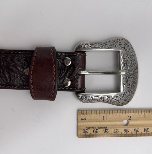 NOCONA Belt Tooled Leather Beaded Western Men's 44 Engraved Silver Buckle NWT - Picture 10 of 14
