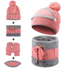 Winter Beanie Scarf Set 3 in 1 Warm Hat Mittens Knitted Plaid Scarf Gifts