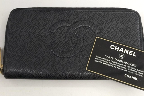 Portafoglio lungo CHANEL CC logo nero pelle di vitello zip intorno usato
