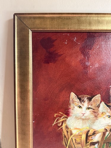 Folk Art Antique Kittens In Basket Painting Oil On Board Signed Dated 1908 - Picture 6 of 22