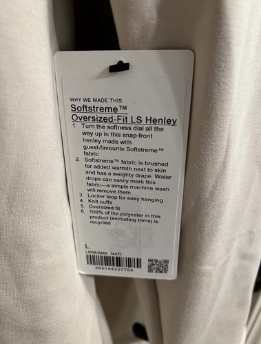 Lululemon Softstreme Oversized Fit Long Sleeve Henley Men’s Large Natural Ivory - Picture 2 of 5