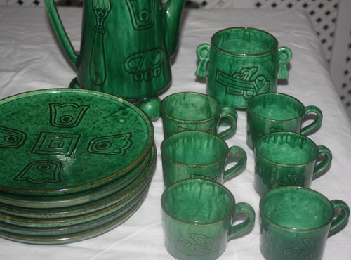 Vintage Alfareria Jimenez Zaragoza Oaxaca Mexiko Grün Kaffee Tee Set