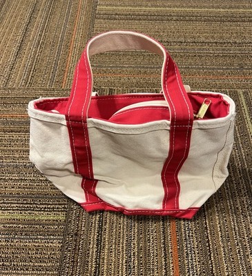 Vtg LL Bean Boat and Tote Canvas Bag Ivory Red trim Classic zip top 13x8 USA