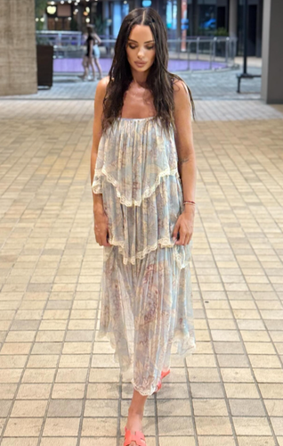 Zara ZW Collection Lace Ruffled Printed Maxi Dress Light Blue XS L 3507/010 New - Picture 11 of 24