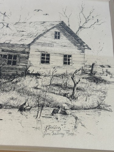 Framed & Matted Impressionist Signed Black & White Sketch Barn-Trees-Water 21x17 - Picture 2 of 14
