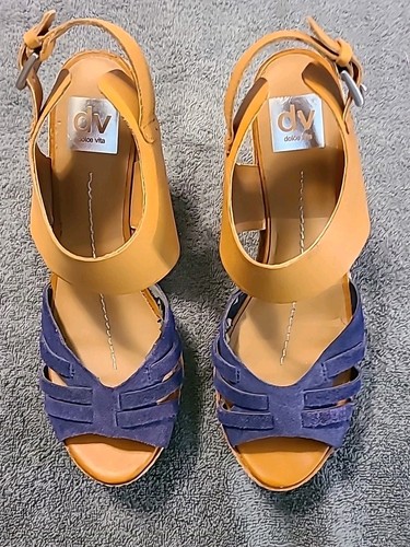 DV DOLCE VITA Tan/navy Leather Buckle Platform Wedge Heels Sandals Size 10 - Picture 4 of 6